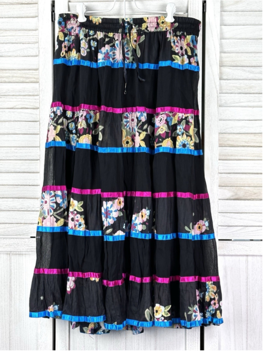 Vintage 80s Silver Stream Floral Colorband Maxi Skirt Western Boho Dance M/L